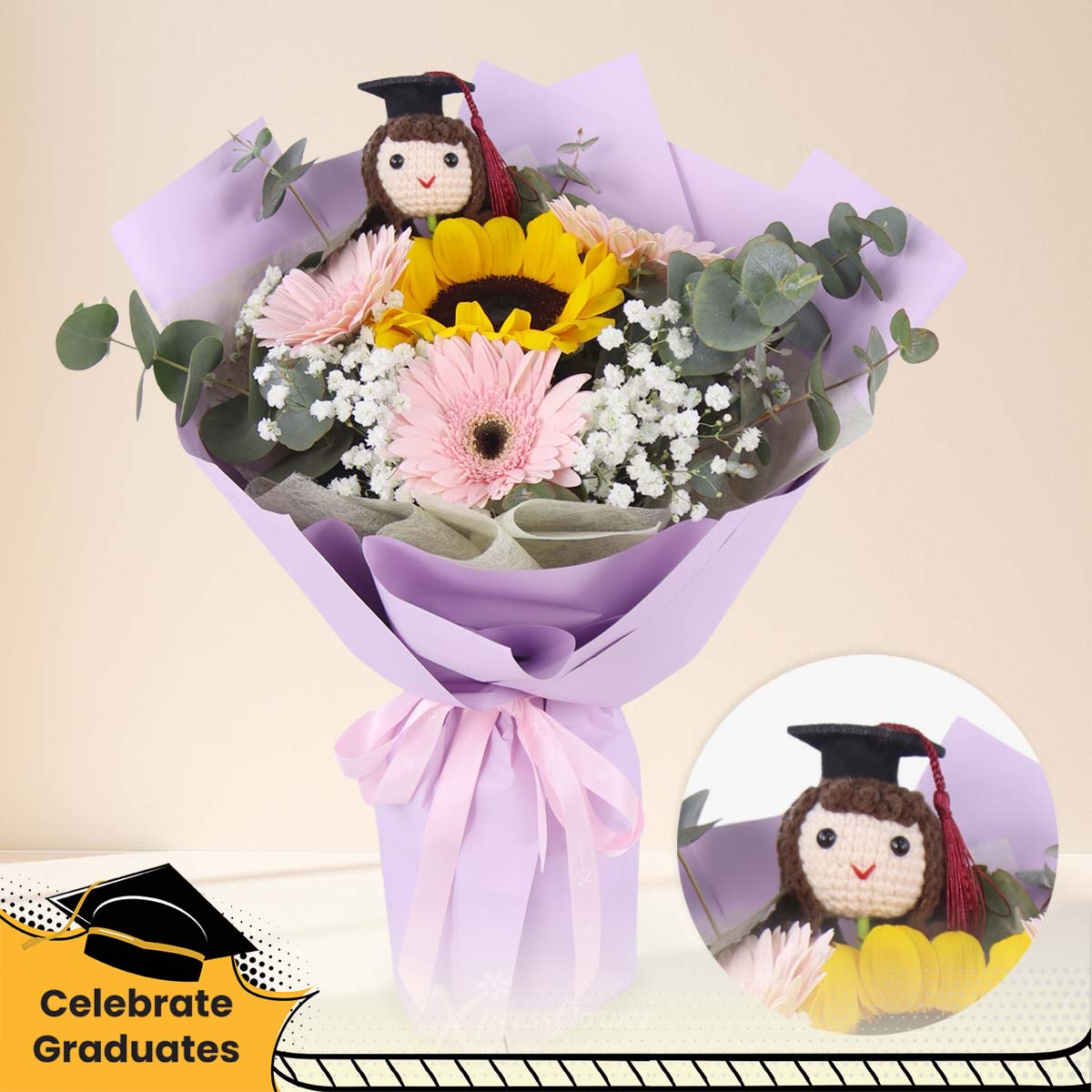 Proud Moment (Sunflower & Pink Gerberas with Graduation Crochet)