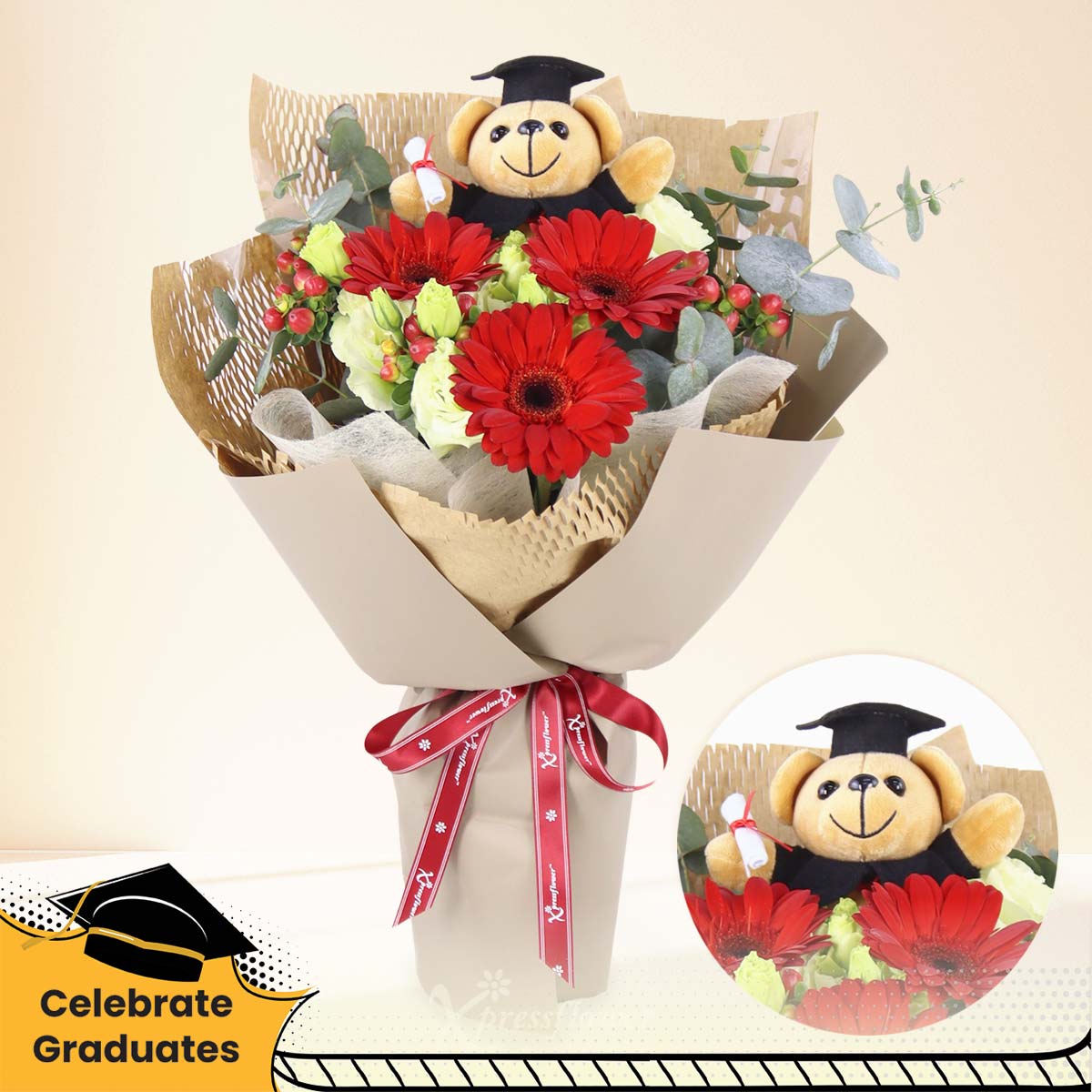 Proud Graduate (Red Gerberas with Mini Graduation Bear)