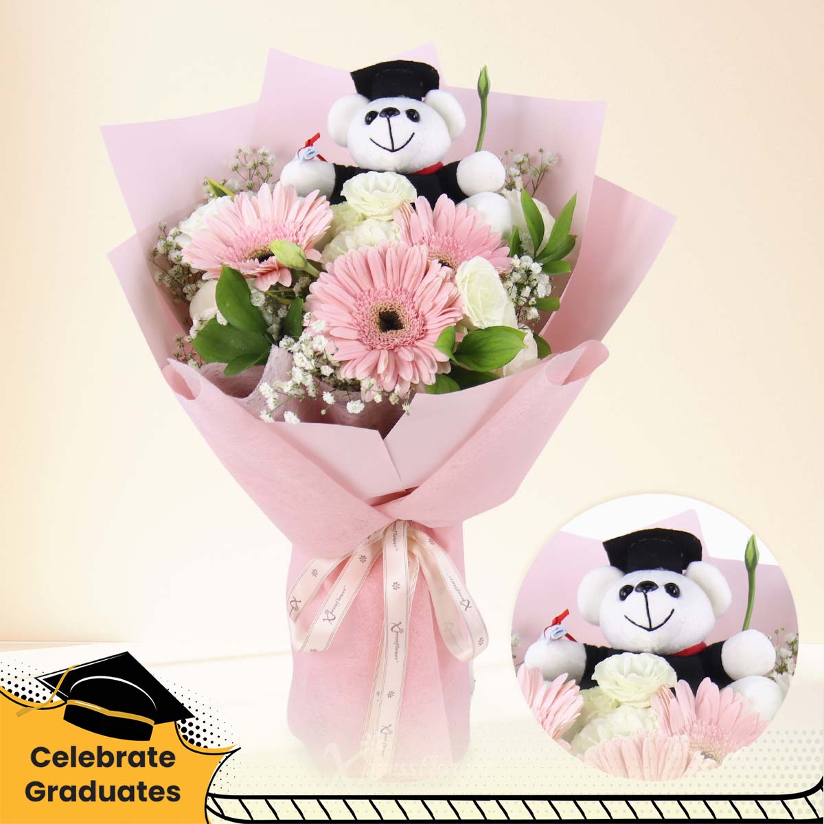 Sweet Success (Pink Gerberas with Mini Graduation Bear)