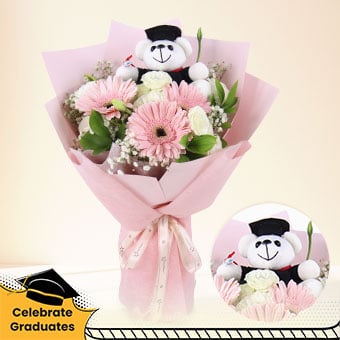 Sweet Success (Pink Gerberas with Mini Graduation Bear)
