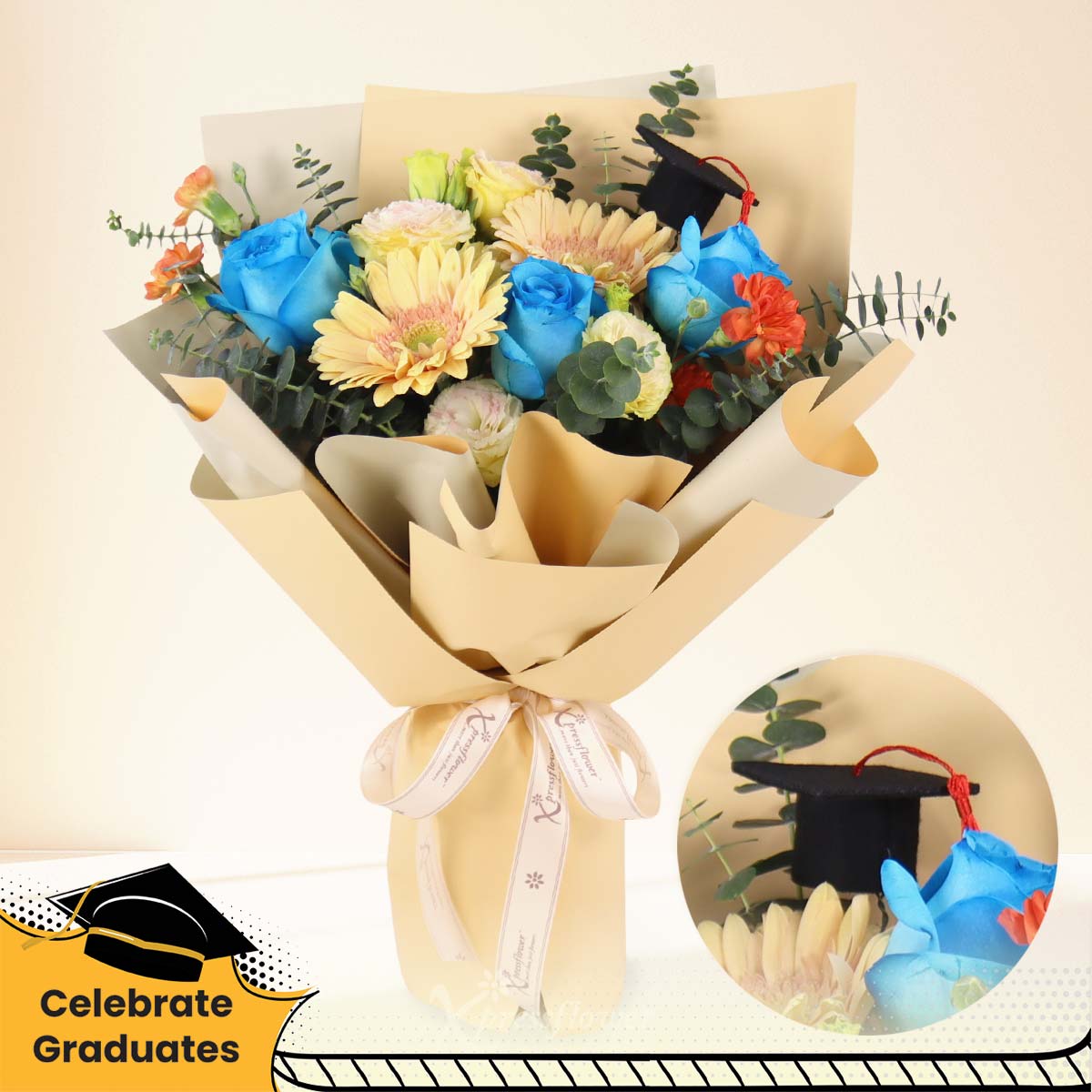 Rising Star (Blue Roses & Champagne Gerberas with Mini Graduation Hat)