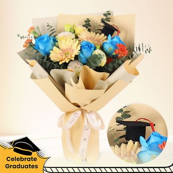 Rising Star (Blue Roses & Champagne Gerberas with Mini Graduation Hat)