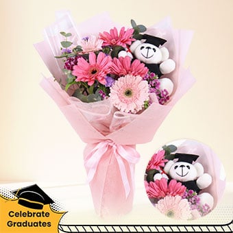 Joyful Achievement (Mixed Pink Gerberas with Mini Graduation Bear)