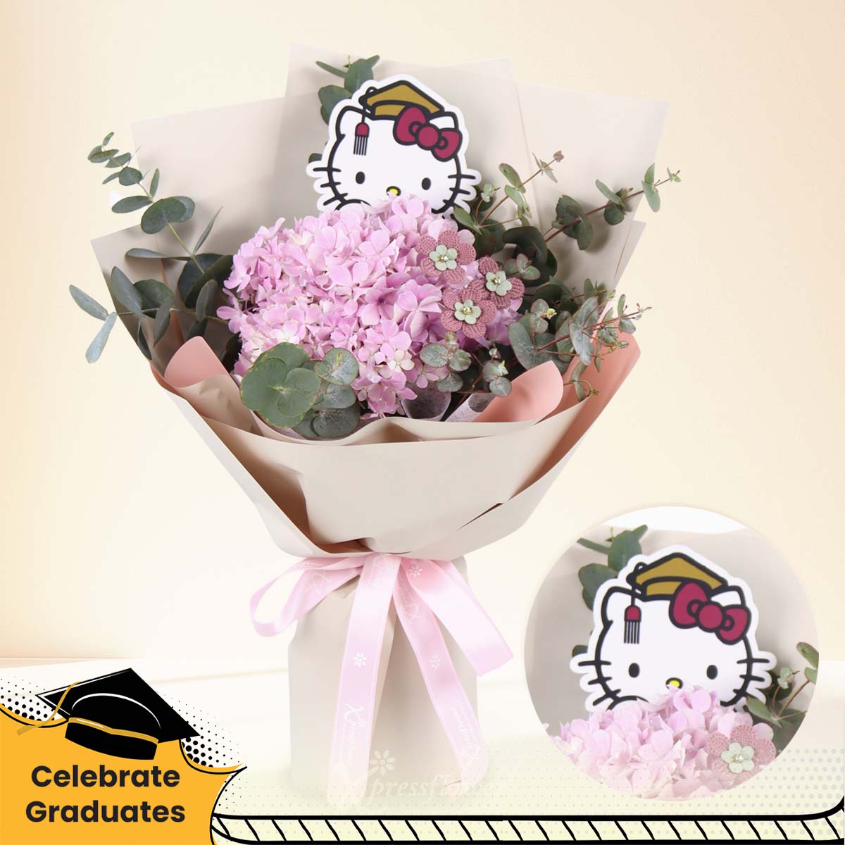 Sweet Achievement (Pink Hydrangea with Graduation Hello Kitty Tag)