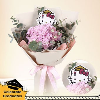 Sweet Achievement (Pink Hydrangea with Graduation Hello Kitty Tag)