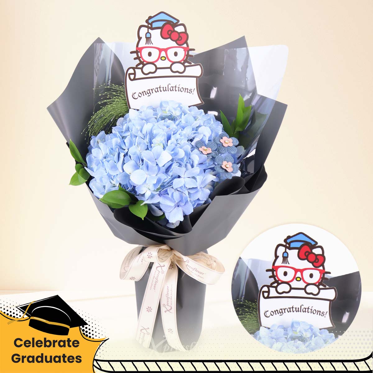 Blue Triumph (Blue Hydrangea with Graduation Hello Kitty Tag)