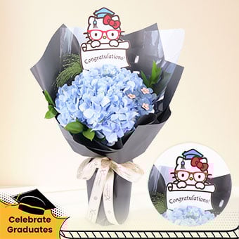 Blue Triumph (Blue Hydrangea with Graduation Hello Kitty Tag)
