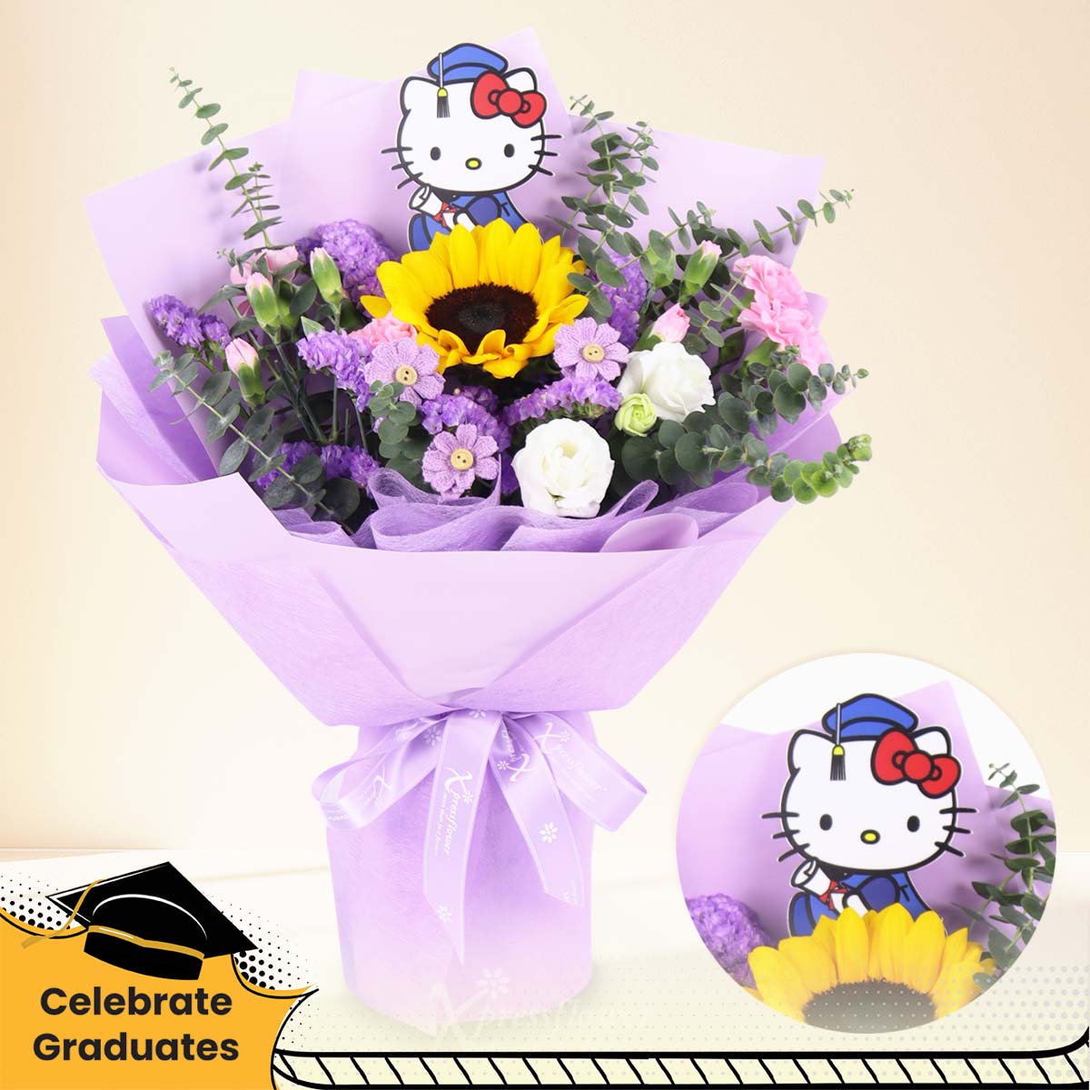 Purple Glory (Sunflower with Graduation Hello Kitty Tag)