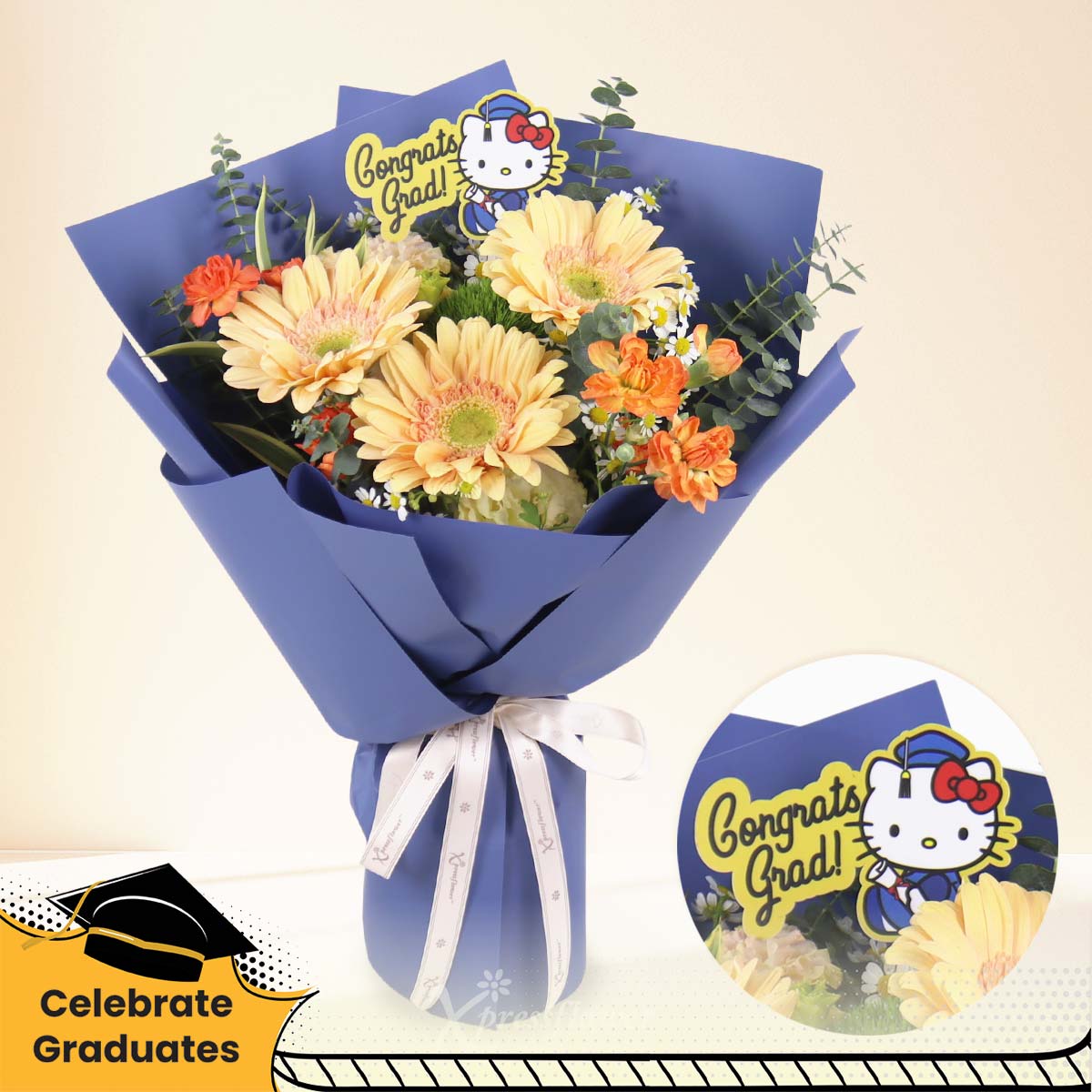 Bright Achievement (Champagne Gerberas with Graduation Hello Kitty Tag)