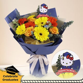 Sunny Cheers (Orange Roses & Tello Gerberas with Graduation Hello Kitty Tag)