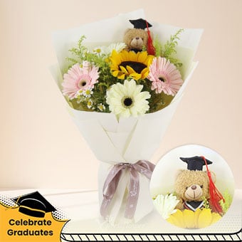 Proud Journey (Sunflower & Pink, White Gerberas with Graduation Bear)