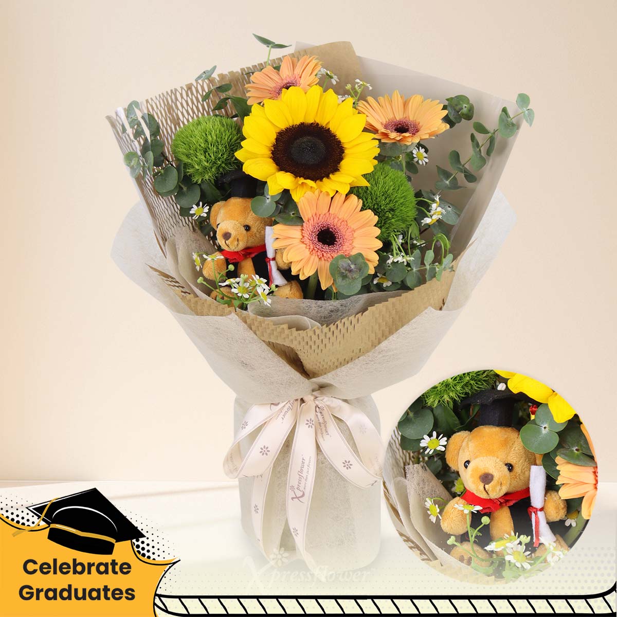 Bright Horizons (Sunflower & Gold Gerberas with Graduation Bear)