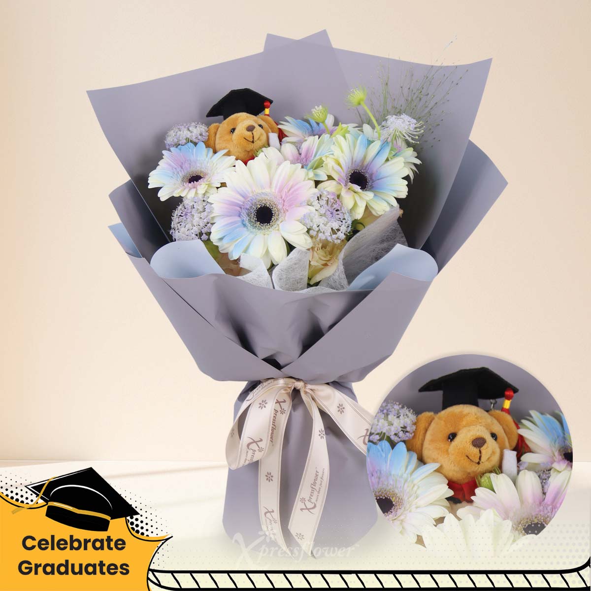 Graceful Success (Mixed Purple & Blue Gerberas with Graduation Bear)