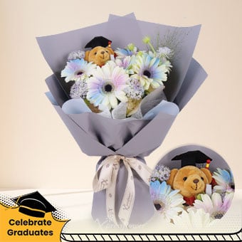 Graceful Success (Mixed Purple & Blue Gerberas with Graduation Bear)