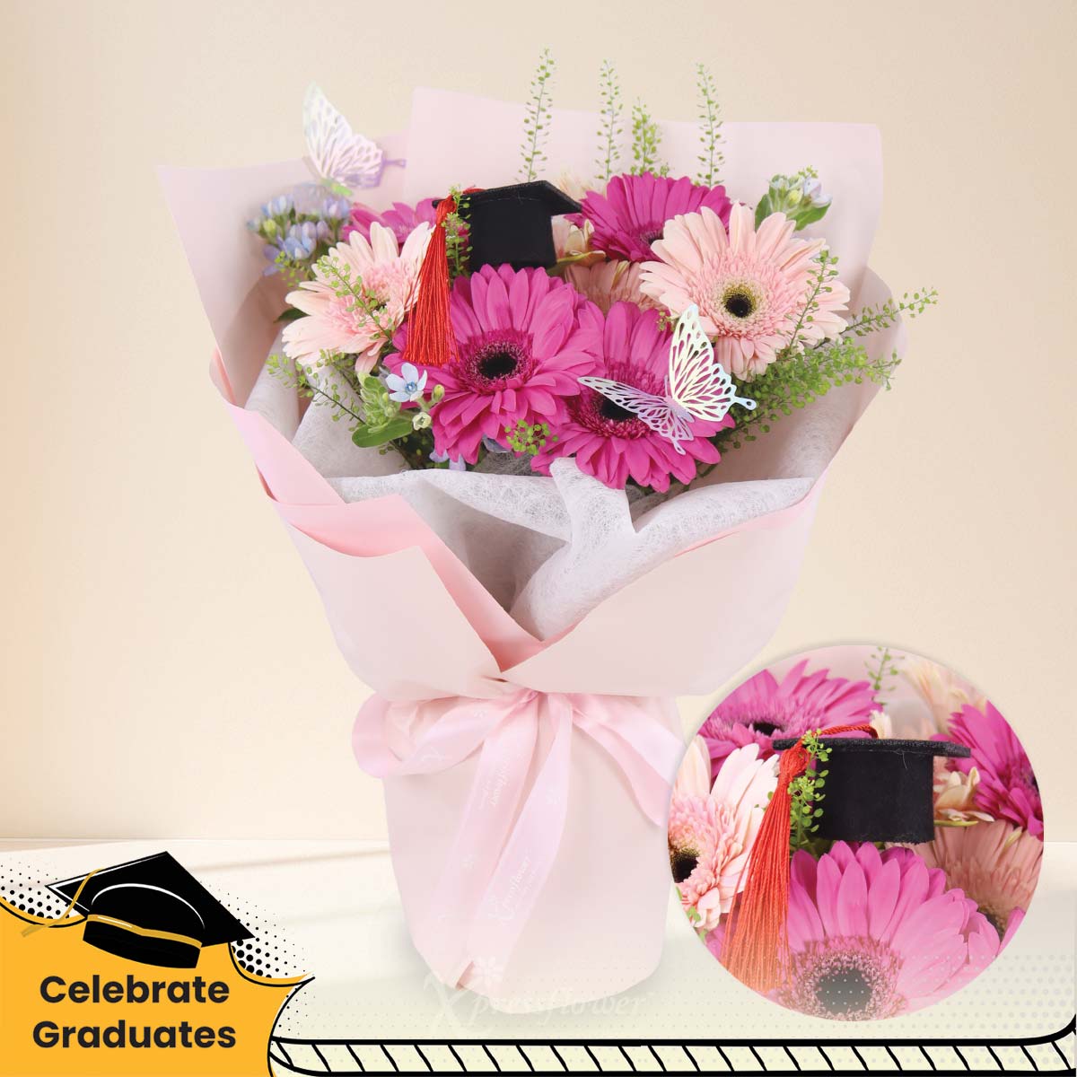Dream Milestone (Mixed Purple & Pink Gerberas with Graduation Mortar Hat)