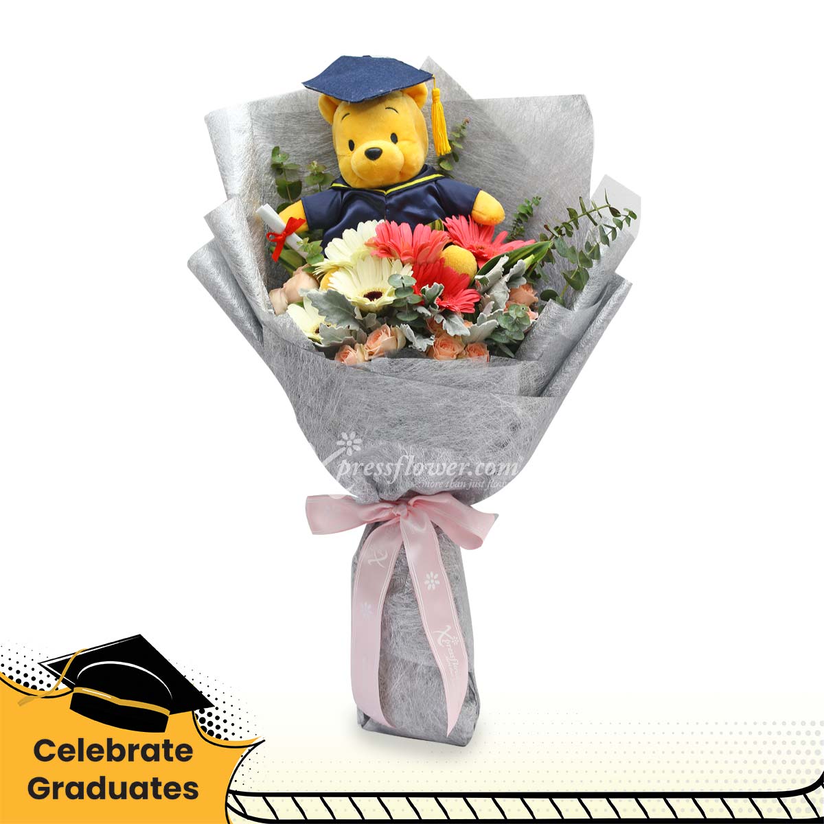 You Made It (6 Mix Pink & White Gerberas with Graduation Pooh Bear)