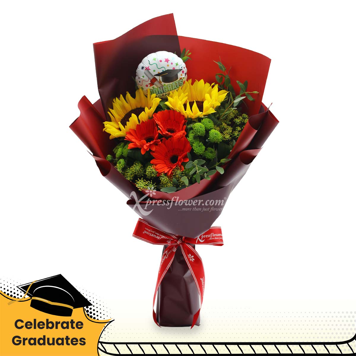 Warm Acclamations (2 Sunflowers & 3 Red Gerberas with Mini Balloon)