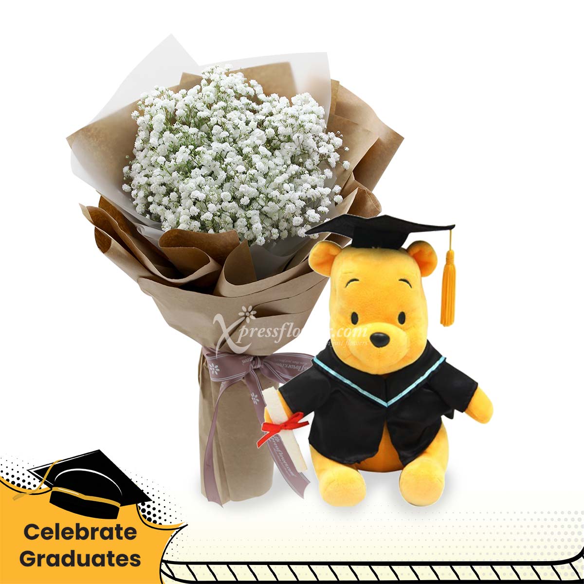 Our Star Graduate (Million Star Baby's Breath with Winnie The Pooh Graduation Bear)