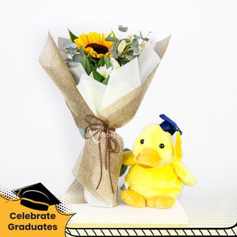 Con-quack-ulations! (1 Sunflower with Graduation Duck)