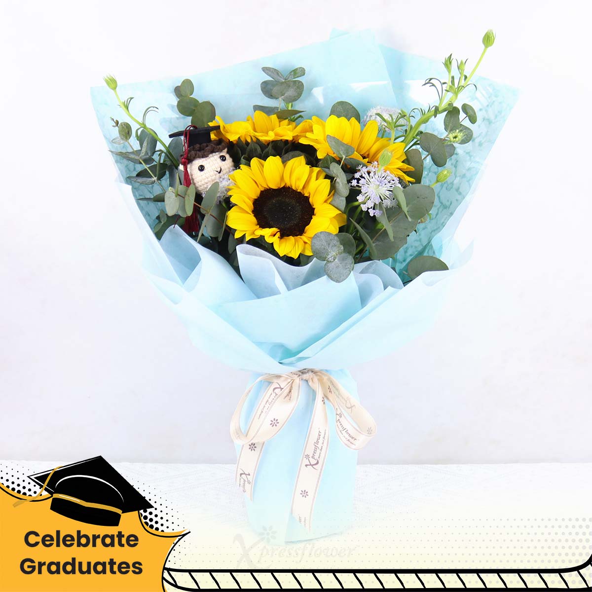 Sky High (3 Sunflowers with Graduation Crochet Boy)