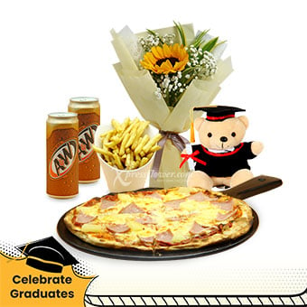 Worthy Celebration (1 Sunflower Bouquet, 7'' Graduation Bear & Knots Pizza Combo)