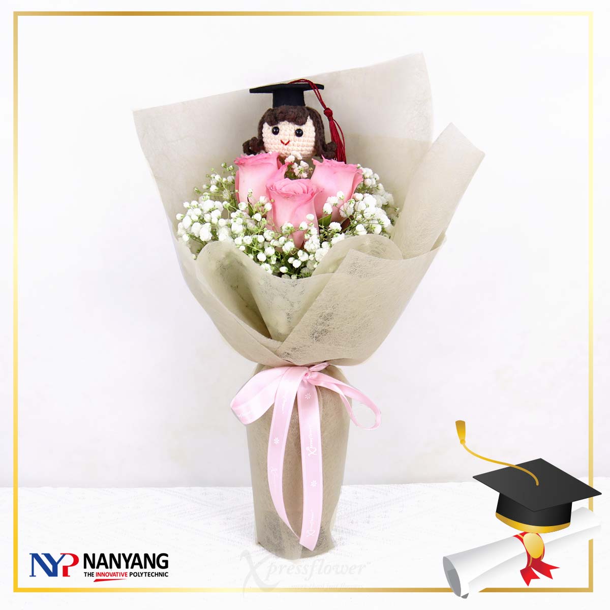 NYP Graduation Bouquet 01 (3 Pink Roses)