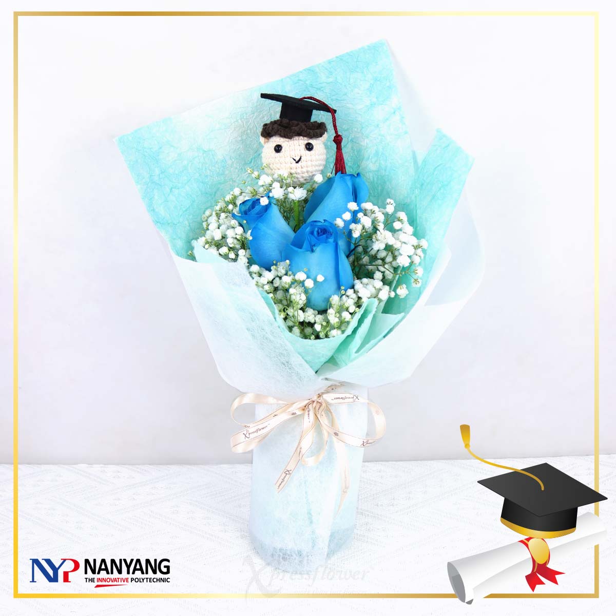 NYP Graduation Bouquet 02 (3 Blue Roses)