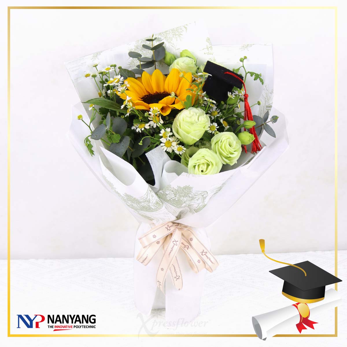 NYP Graduation Bouquet 03 (Sunflower with Green Eustoma)