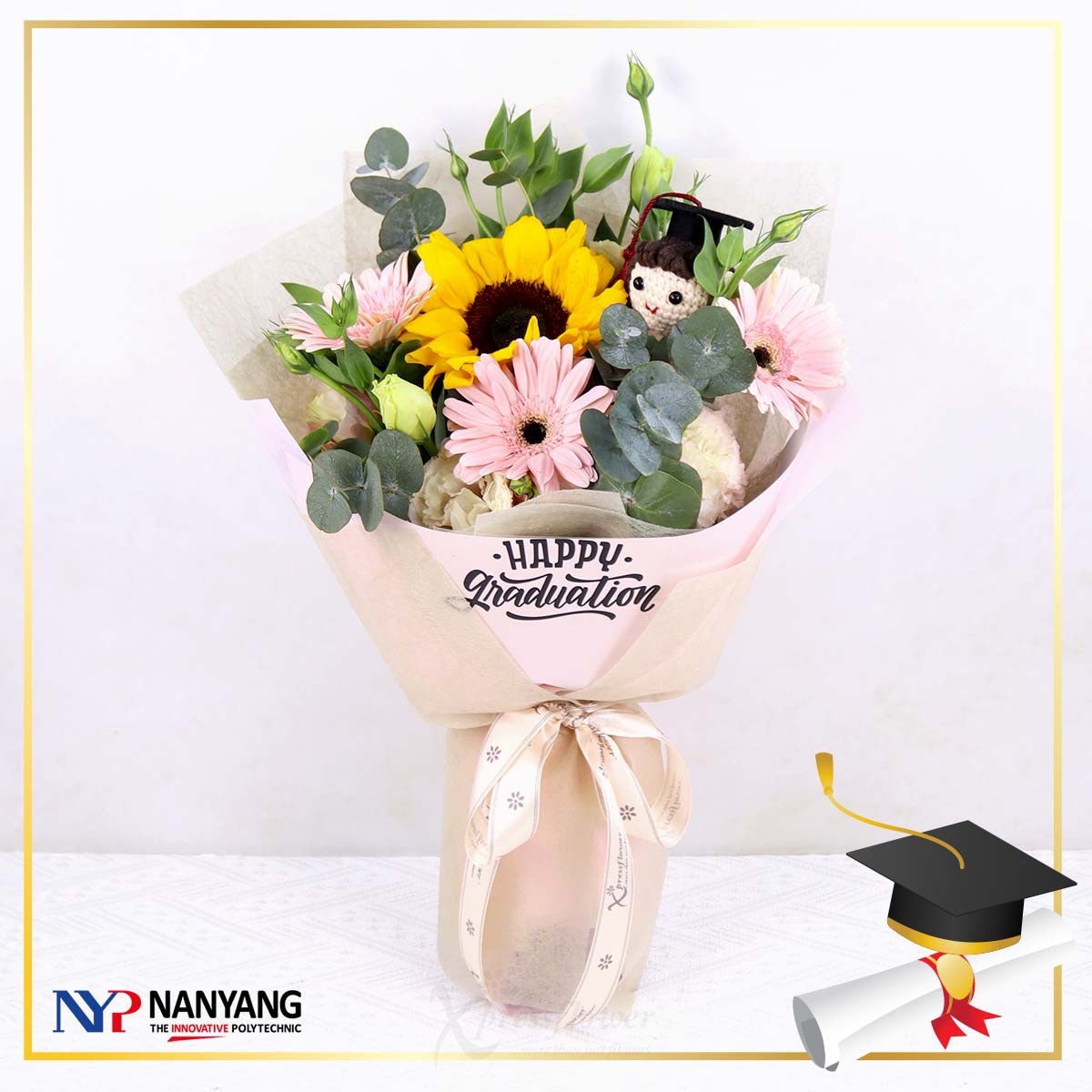 NYP Graduation Bouquet 04 (Sunflower with 3 Pink Gerberas)