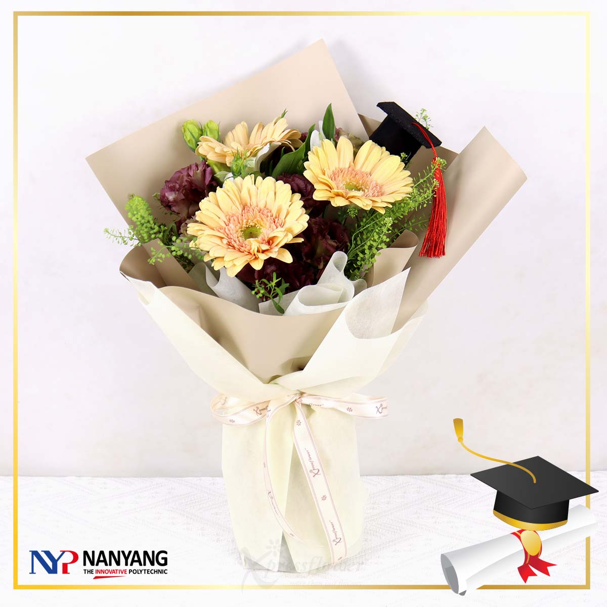 NYP Graduation Bouquet 05 (3 Champagne Gerberas)