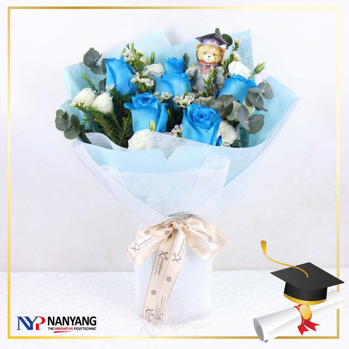 NYP Graduation Bouquet 07 (6 Blue Roses)