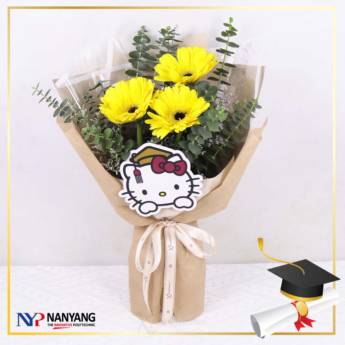 NYP Graduation Sanrio 03 (3 Yellow Gerberas Hello Kitty Bouquet)