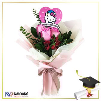 NYP Graduation Sanrio 04 (3 Pink Roses Hello Kitty Graduation Bouquet)