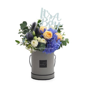 Heartfelt Connection (1 Dark Blue Hydrangea & 3 Champagne Roses with 'It's a Boy' Tag)