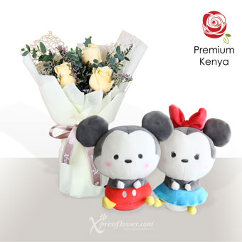 Charming Couple (3 Champagne Roses with A Pair of Mickey & Minnie Soft Toy)