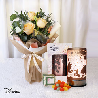 Warm Champagne (3 Champagne Roses with Disney Touch Warmer & Candle Bundle)