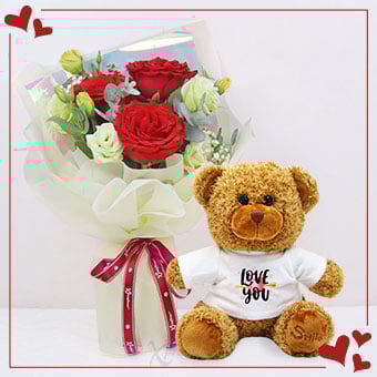 VDBL2571 Rose Hug (3 Red Roses with 'Love-You' Bear)