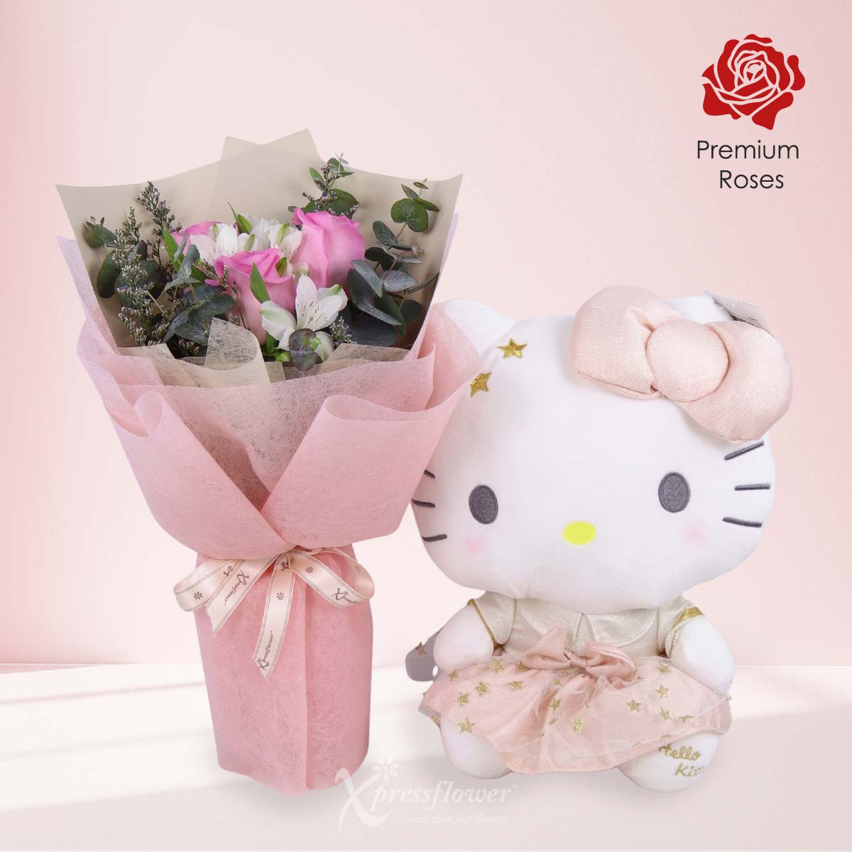 Plush Romance (3 Pink Roses with Hello Kitty Plushie)