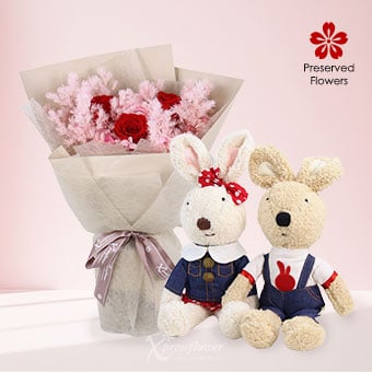 Endless Us (Preserved Red Roses With Bunny Couple)