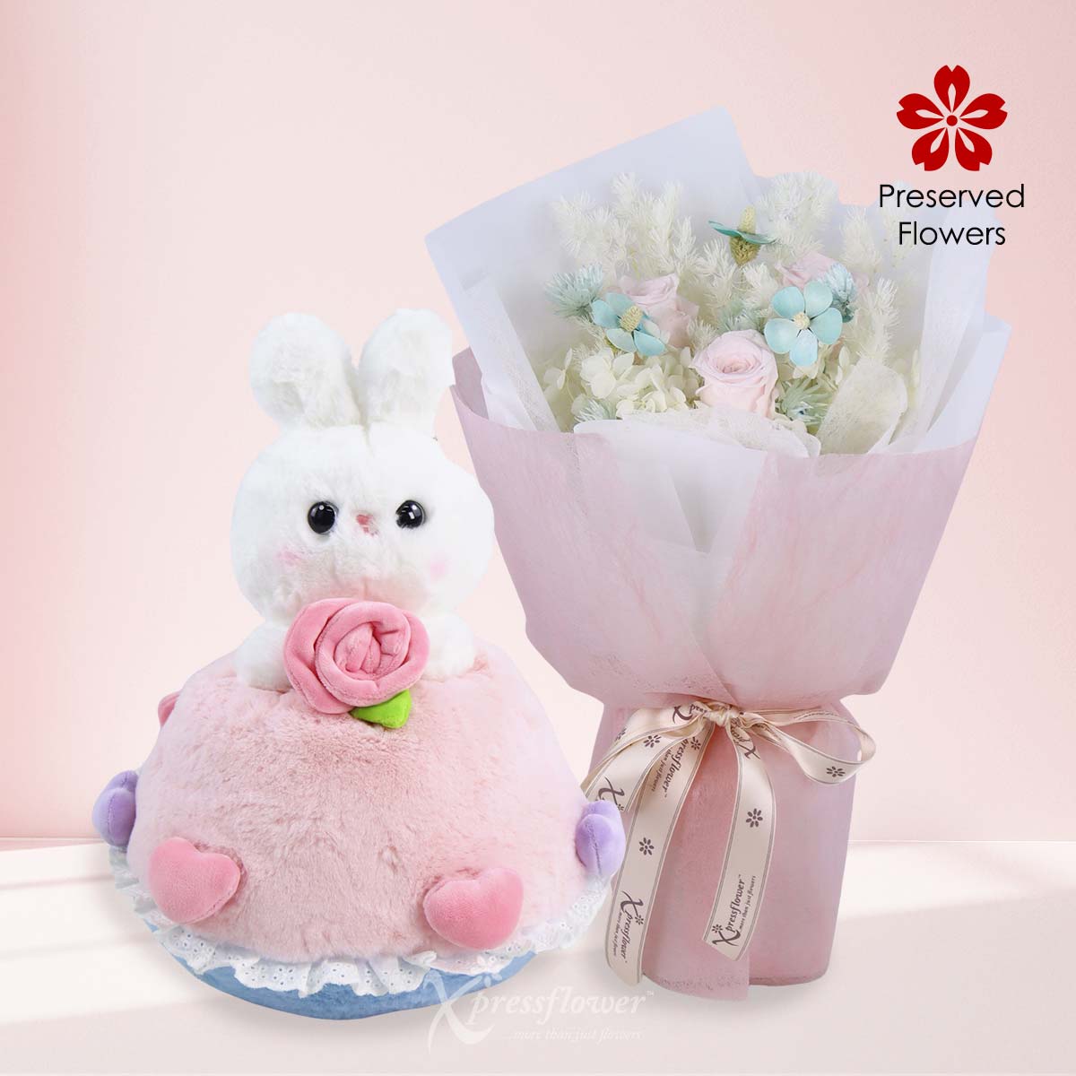 Gentle Crush (Preserved Pink Roses With Bunny Plushie)