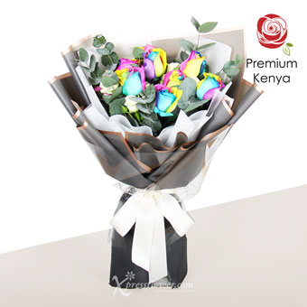 Joyous Affection (8 Stalks Premium Ecuador Rainbow Rose Bouquet)