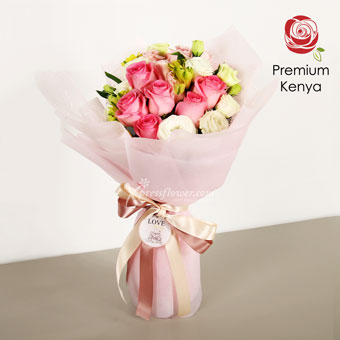 Tender Heart (6 Stalks Premium Kenya Dark Pink Rose Bouquet with Mickey & Minnie Keychain)