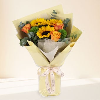 Sunlit Love (3 Sunflowers & 3 Orange Roses)