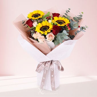 Heart & Sun (3 Sunflowers & 3 Red Roses)